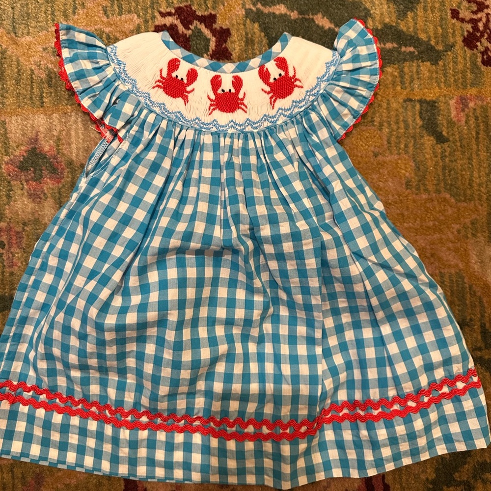 Blue Gingham Dress with Red Crab Embroidery